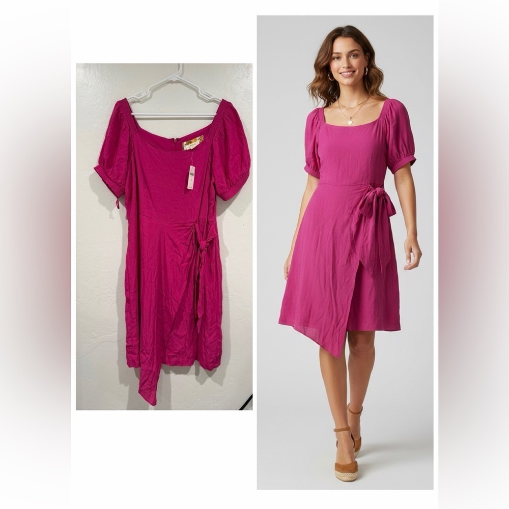 Anthropologie Hot Pink Puff Sleeve Wrap Dress size US 14